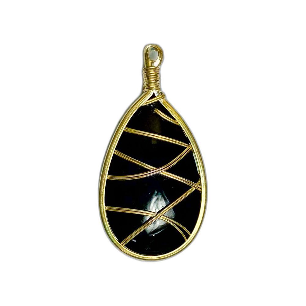 Black Teardrop Shape Stone Wrapped in Gold Wire Pendant